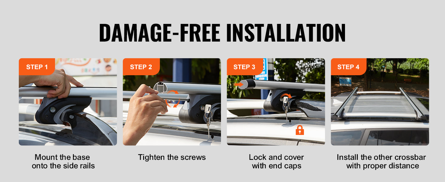 Step-by-step guide to damage-free installation of a car roof rack with images and text.
