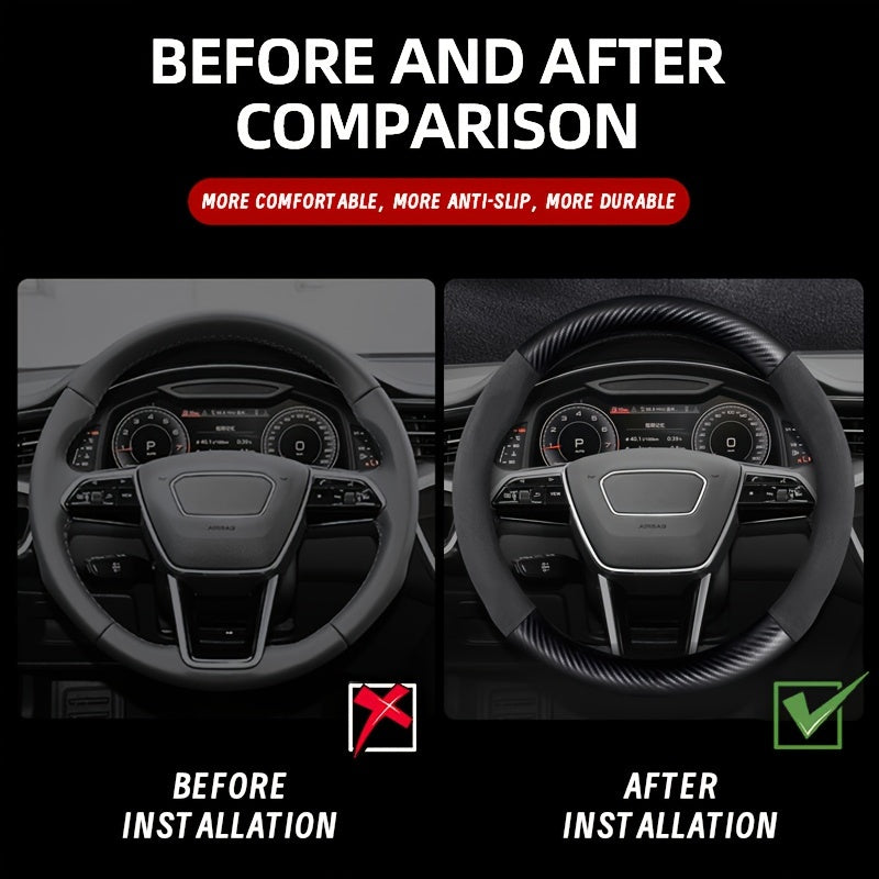 Carbon Fiber Faux Leather Steering Wheel Cover - 15 Inch Sports Style