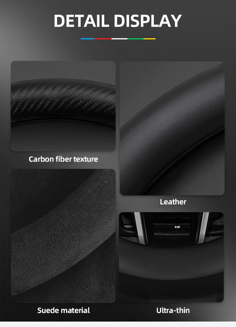 Carbon Fiber Faux Leather Steering Wheel Cover - 15 Inch Sports Style