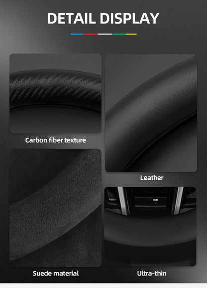 Carbon Fiber Faux Leather Steering Wheel Cover - 15 Inch Sports Style