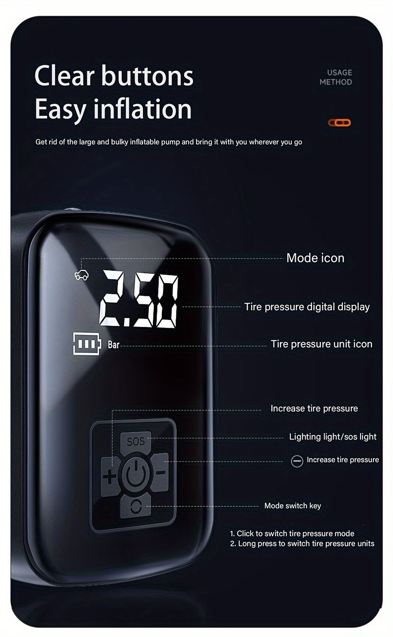 Portable Tire Inflator Digital - USB Rechargeable Air Compressor
