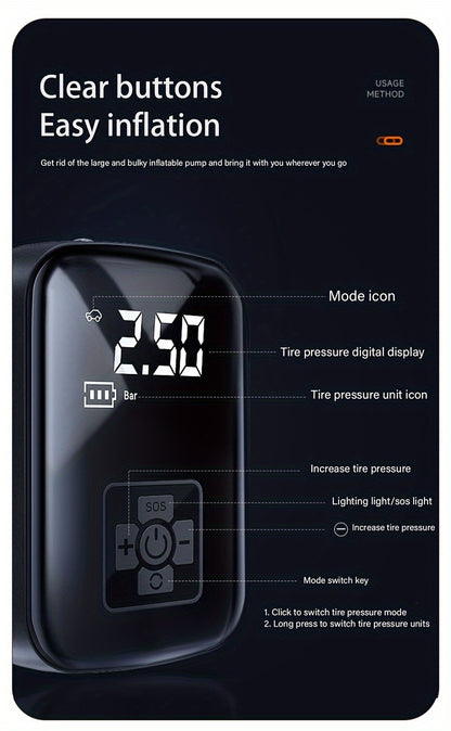 Portable Tire Inflator Digital - USB Rechargeable Air Compressor