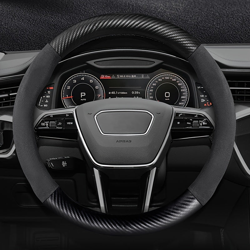 Carbon Fiber Faux Leather Steering Wheel Cover - 15 Inch Sports Style