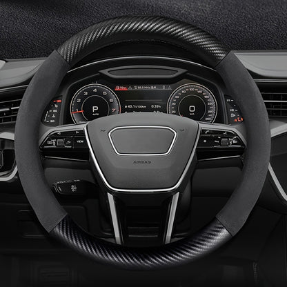 Carbon Fiber Faux Leather Steering Wheel Cover - 15 Inch Sports Style