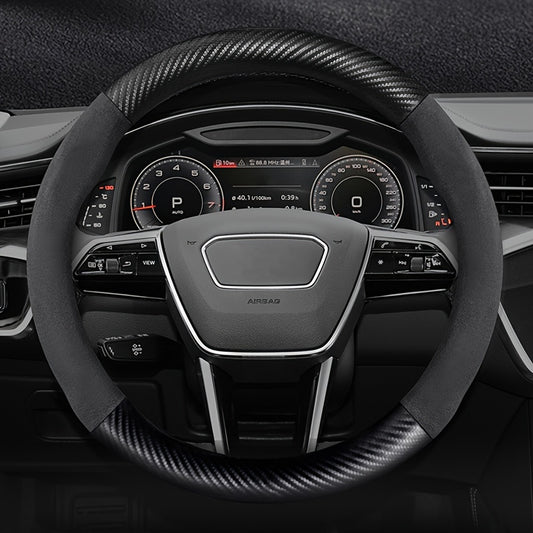 Carbon Fiber Faux Leather Steering Wheel Cover - 15 Inch Sports Style