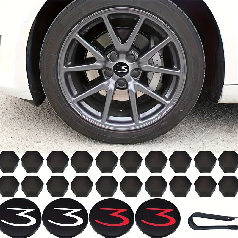 Tesla Model 3/S/X/Y Wheel Hub Caps - 24 Pack Number 3 Logo Center Covers