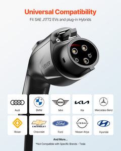 Side-angle view of EV Charger 40a j1772, 40A, 120V showing connector head and cable jacket for Tesla models #7ba0 - view 5