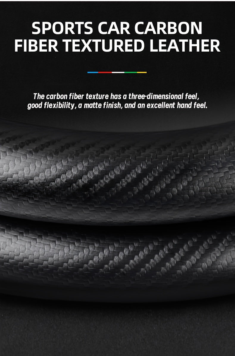 Carbon Fiber Faux Leather Steering Wheel Cover - 15 Inch Sports Style