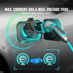 Side-angle view of Charging Adapter Tesla-to-J1772 48A 240V, 48A, 240V showing pin alignment and locking ring for Tesla model - view 5